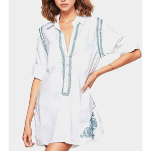 Sundance Embroidered Tunic Top Coverup Size Large White Aqua Cotton Beachy Boho